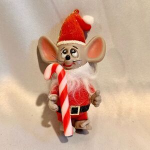 Vintage Christmas Mouse Ornament with Candy Cane Flocked Santa Suit 4”H